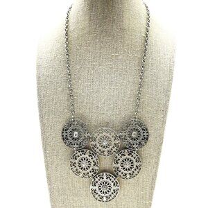 Round Panel Bib Necklace Silver Tone Rhinestone Centers Statement Boho Festival
